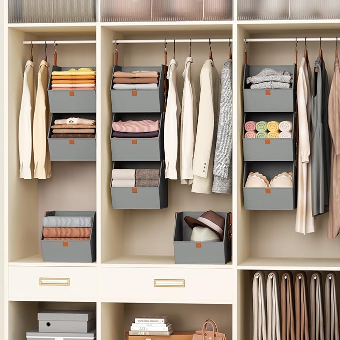 Homsorout Collapsible Hanging Closet Organizer - 3 Tier Closet Shelves Storage System with Hooks, Fabric Hanging Storage Bins