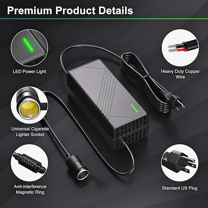 AC to DC Converter 20A/240W/12.36FT/110V-240V to 12V Converter Car Cigarette Lighter Socket AC/DC Power Adapter for Inflator,