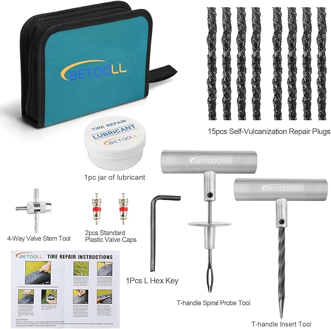 BETOOLL Tire Repair Kit, 24 Pcs Professional Heavy Duty Universal Emergency Flat Tire Repair Kit to Fix Punctures, for car Mo