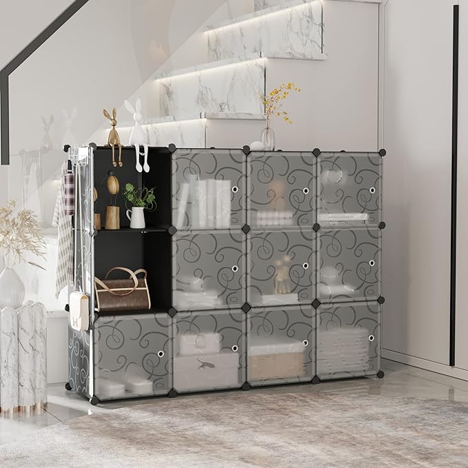 C&AHOME Cube Storage Organizer with Doors, 12-Cube Shelves, Closet Cabinet, DIY Plastic Modular Bookshelf Ideal for Bedroom, 