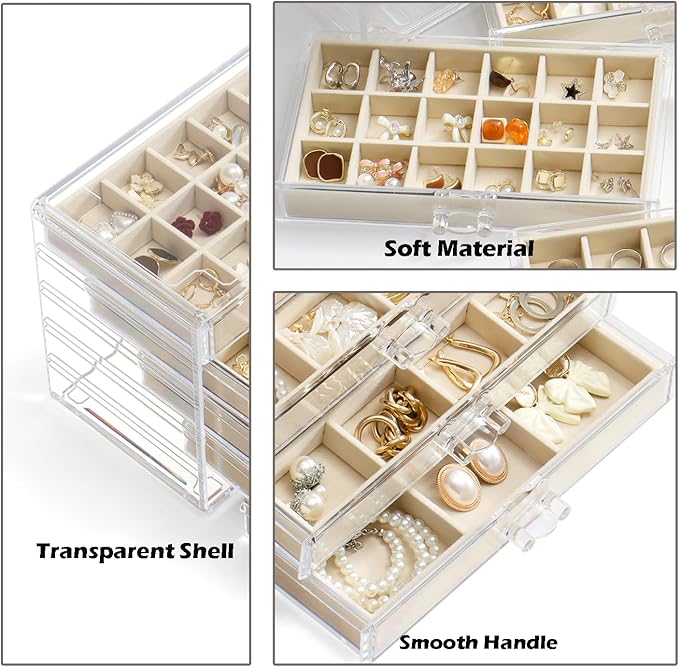 YUFONG Jewelry Organizer with 5 Drawers Clear Acrylic Earring Display Case Velvet Jewelry Storage Box Display Holder for Earr