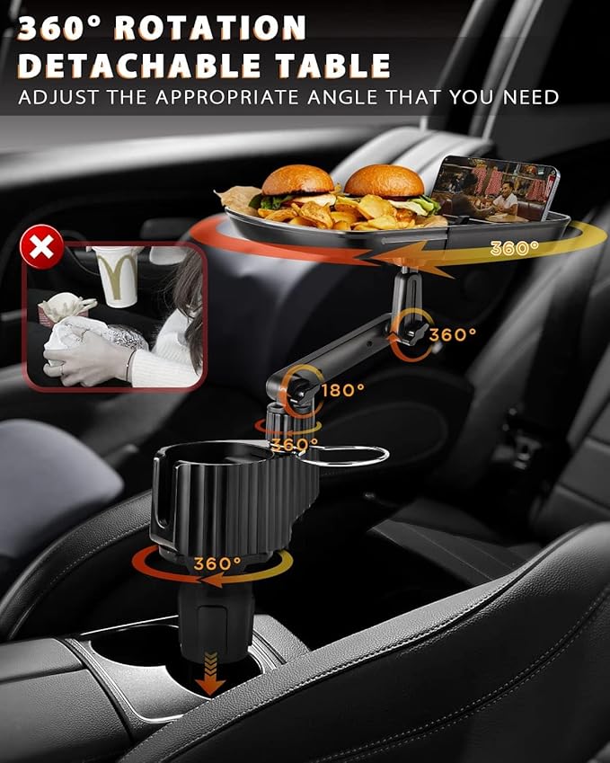 4-in-1 Car Cup Holder Expander Tray,Detachable Upgraded Food Tray Expandable Dual Cup with Phone Holder,360°Rotation Adjustable Base,Road Trip Essentials Accessories for Drinking and Eating