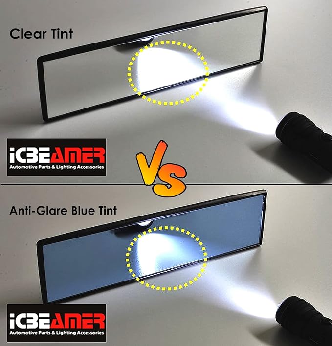 10.6" ICBEAMER Clip On Rear View Mirror | Flat Blue Tint, Panoramic Wide Angle HD Glass, Anti Glare, Universal Fit for Car, SUV, Truck | Eliminates Blind Spots (1 Pack)