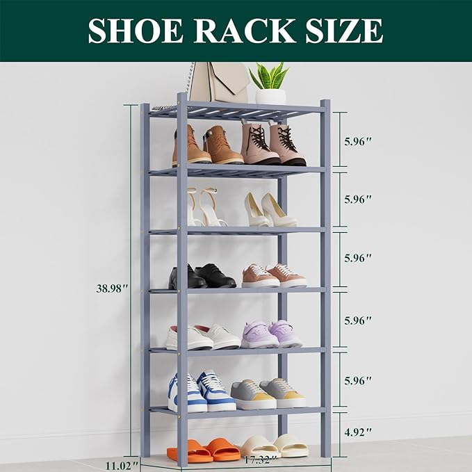 Smiry Shoe Rack, 6 Tier Thick Small Bamboo Shoe Organizer, Stackable Free Standing Wooden Shoe Storage Shelf for Closet, Entr