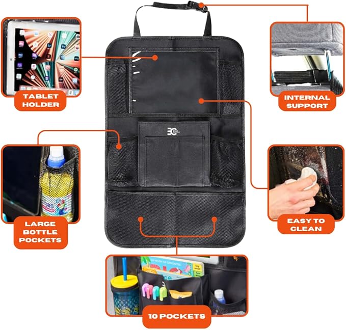 Backseat Car Organizer, Kick Mat Back Seat Protector with Touch Screen Tablet Holder, Back Seat Organizer for Baby & Kids, Travel Accessories with 9 Storage Pockets & 4 Headrest Hooks, Pack of 2-Black