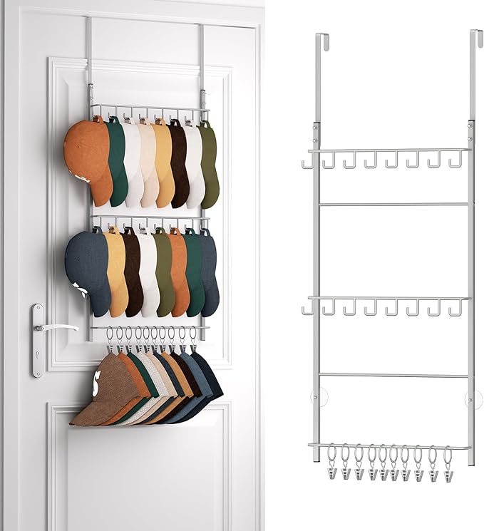 HapiRm Over Door Hat Rack - 3 Tier Wall Mounted Hat Organizer with 16 Hooks and 10 Movable Clips, Cap Hanger Storage up to 26