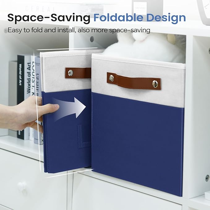 FinishingBo 6-Pack Storage Cubes with Handles & Label Holders Basket, Closet Cube Home Organizer Bins(White/Blue, 10.5 * 10.5