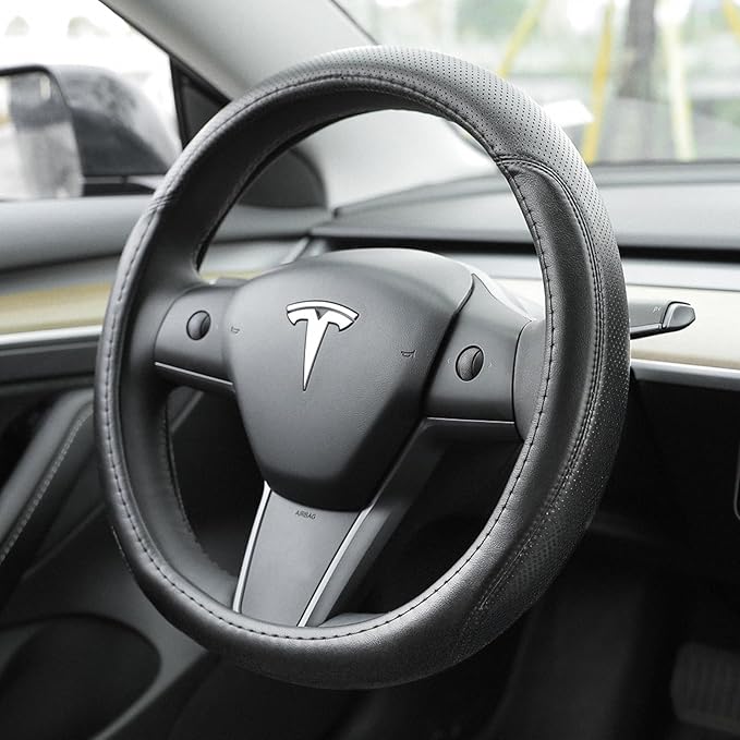 Custom Fit for Tesla Model 3 Steering Wheel Cover,Tesla Steering Wheel Cover Model 3 is Premium Leather Excellent Hand Texture,Non-Slip,Breathable, for Tesla Model 3 Accessories (Deluxe)