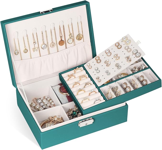 Jewelry Box for Women Girls, 2 Layers Jewelry Organizer Container with Lock, PU Leather Storage Case with Removable Tray, Jew