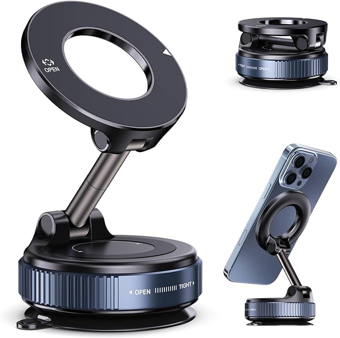 Vacuum Magnetic Car Phone Holder for Magsafe, Hands-Free 360° Adjustable Suction Cup Phone Mount for Car/Gym/Mirror/Smooth Surface, Compatible with iPhone & Android (Black)