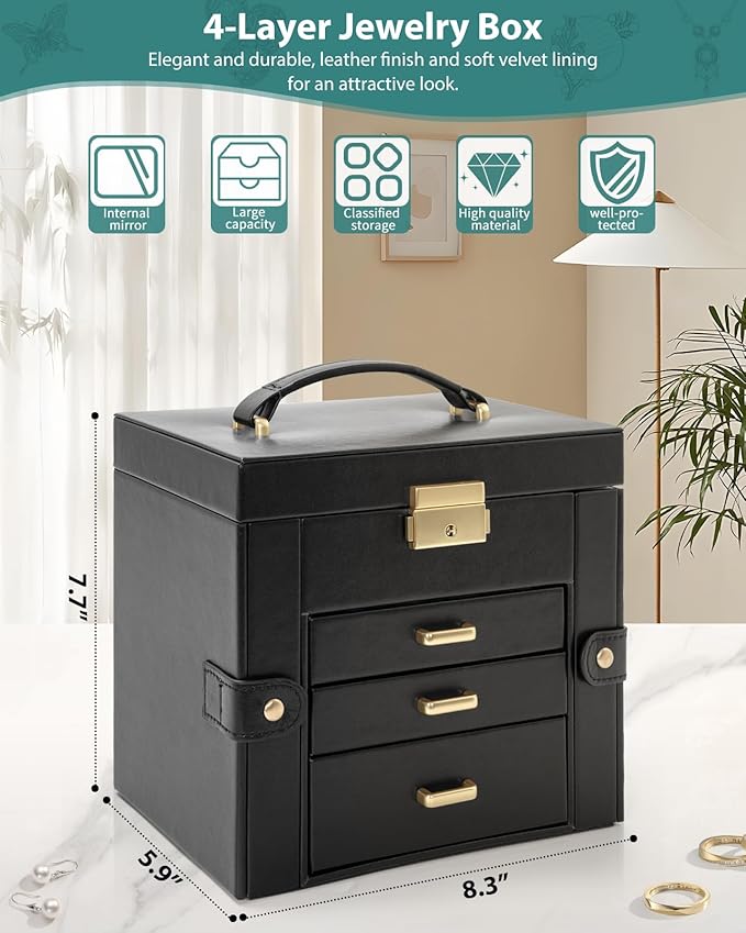 AKOZLIN 4-Tier Jewelry Box Leather Jewelry Storage Organizer with 3 Drawers Lockable for Women Girls Ring Necklace Earring Br