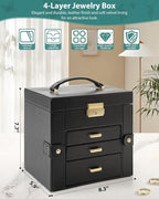 AKOZLIN 4-Tier Jewelry Box Leather Jewelry Storage Organizer with 3 Drawers Lockable for Women Girls Ring Necklace Earring Br