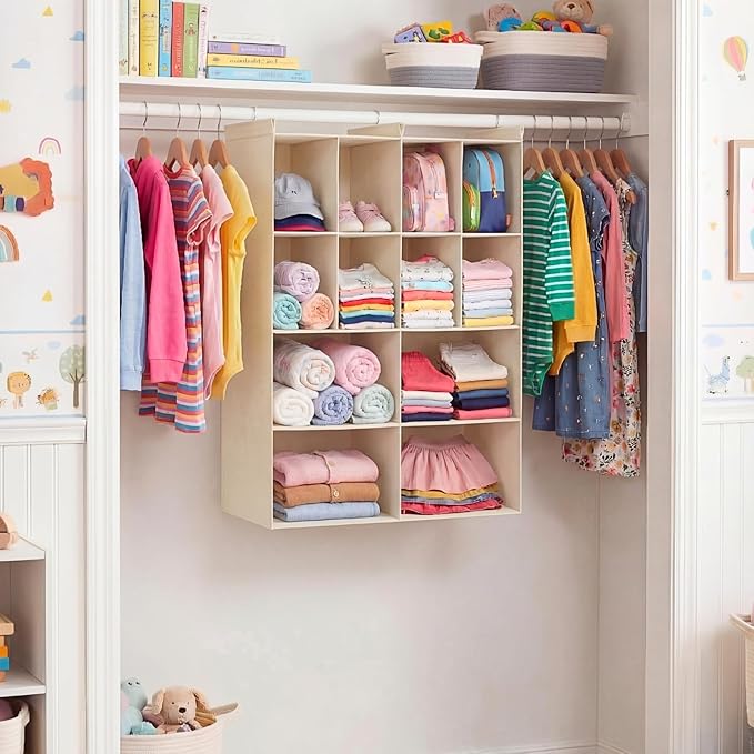 Ofiray-home 4 Tier Hanging Closet Organizer, 12 Compartments Sweater Organizer for Closet with 3 Sturdy Hooks, Closet Organiz