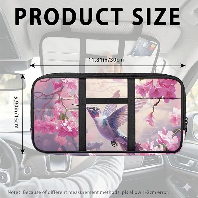 Hummingbird Car Sun Visor Organizer, Zipper Visor Organizer Storage Pouch, Card Holder, Adjustable Elastic Bands for Most Vehicles, Suvs & Trucks Scratch-Resistant Auto Interior Accessories