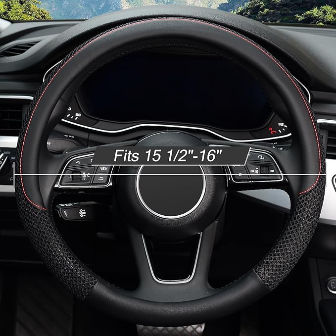KAFEEK 16 inch Steering Wheel Cover, Black Microfiber Leather Viscose, Breathable, Compatible for F150 F250 F350 Ram 4Runner 