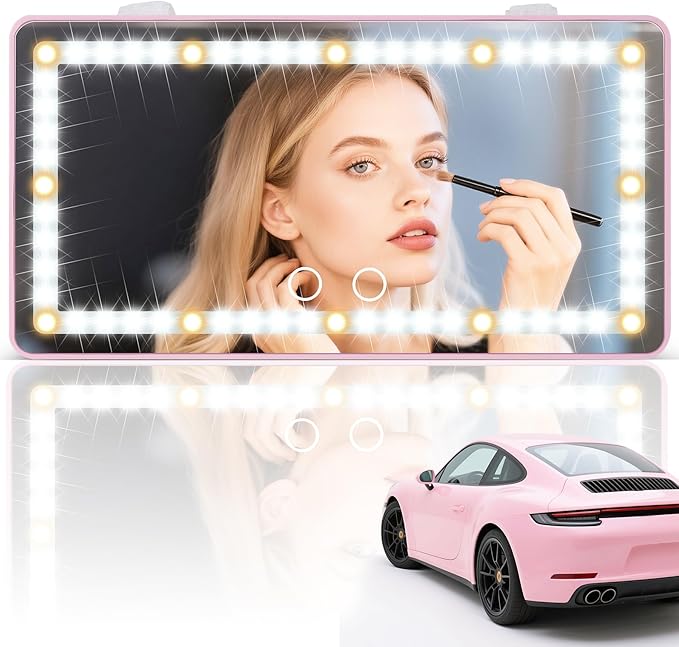 SINGARO Car Sun Visor Vanity Mirror - Rechargeable Makeup Mirror with 60 LEDs, 3 Light Modes & Dimmable Touch Control for Cars, Trucks, SUVs, Car Interior Accessories for Women (Pink)
