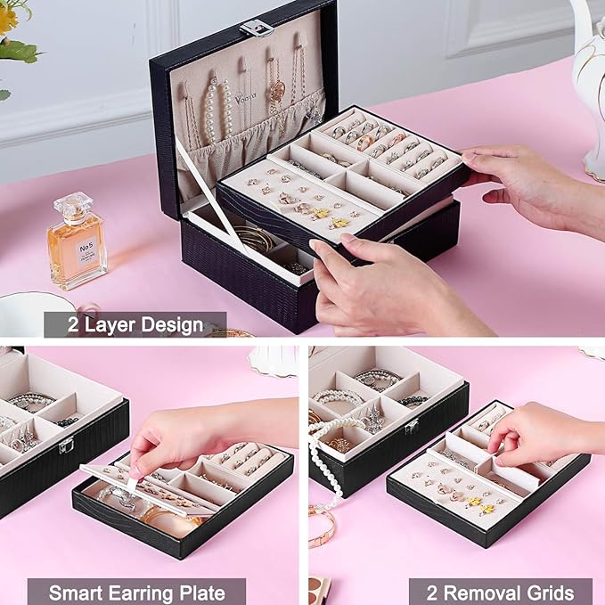 Voova Jewelry Box Organizer for Women Girls, 2 Layer Large Men Jewelry Storage Case, PU Leather Display Jewellery Holder with