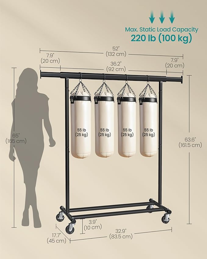 SONGMICS Clothes Rack with Wheels, Heavy-Duty Clothing Rack for Hanging Clothes, Portable, 17.7 x (36.2-52) x 63.6 Inches, wi