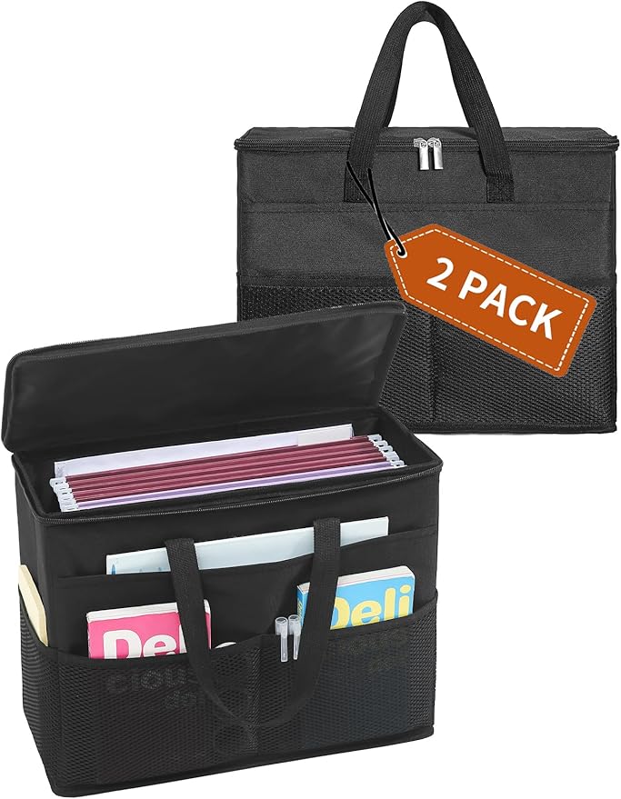 Qozary 2 Pack File Folder Organizer Box-Hanging File Tote Bag With Lids, Collapsible Portable Filing Organizer Box With Handl