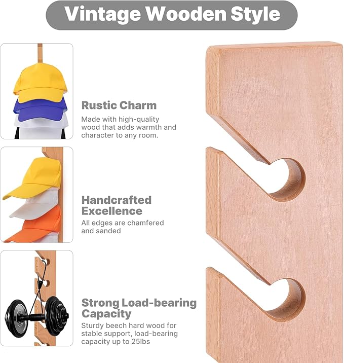 Solid Wood Hat Rack for Wall (3 Pack) - 30 Baseball Cap Organizer - Premium Beech Hat Holder & Vertical Display - Heavy Duty 