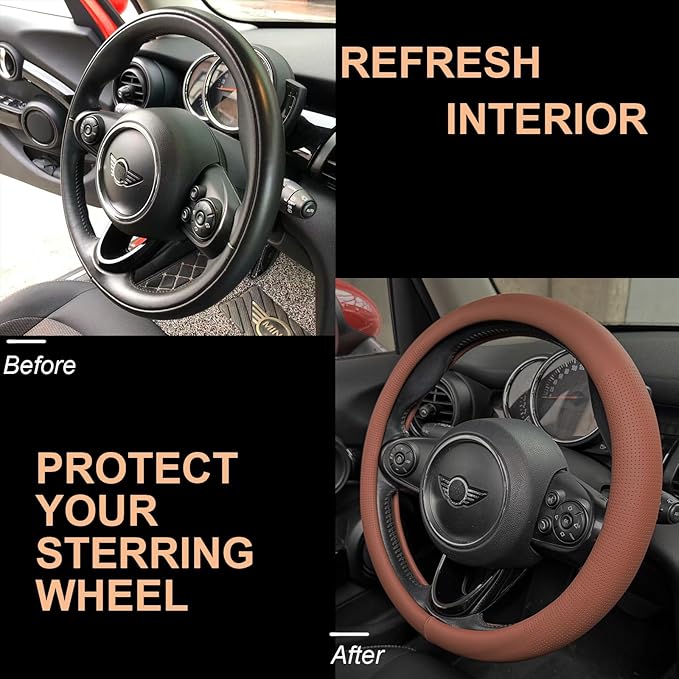 PINCTROT Large Size Nappa Leather Steering Wheel Cover, Slim Fit No Bulk Design, One Piece Leather with Breathable Perforatio