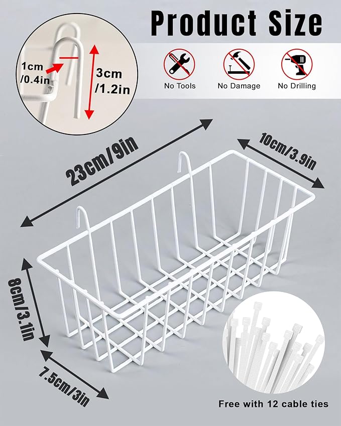6 Pack White Wall Grid Panel Hanging Wire Basket, Wall Baskets with Hooks for Organizing, White Metal Grid Panel Accessories