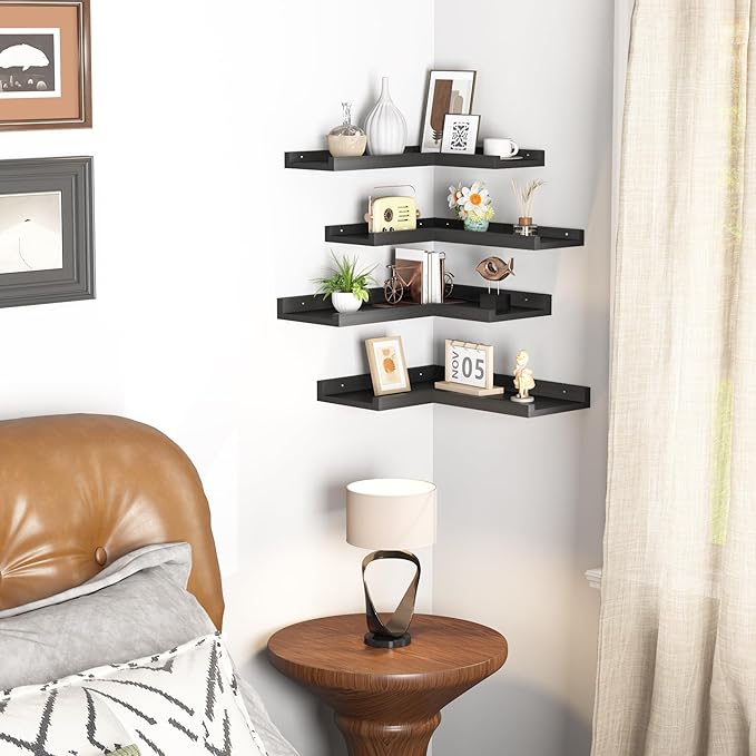 4-Tier Black Corner Floating Shelves Wall Mounted - Floating Shelves with Lip, Solid Pine Wooden Corner Wall Shelf for Wall D