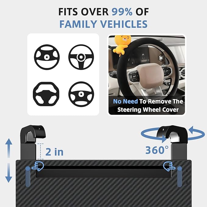 Steering Wheel Tray, Car Food Tray, Car Desk for Laptop, Carbon Fiber Look Multipurpose Car Table for Eating & Work, Adjustable Car Tray with Drawer and Anti-Slip Protective Adhesive