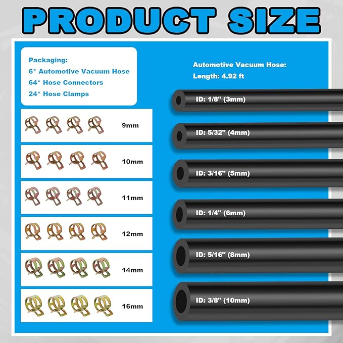 6PCS 5Ft Silicone Vacuum Hose Automotive Kit,ID 3/8",5/16",1/4",3/16",5/32",1/8" Vacuum Lines Automotive with Tee/Straight/Re