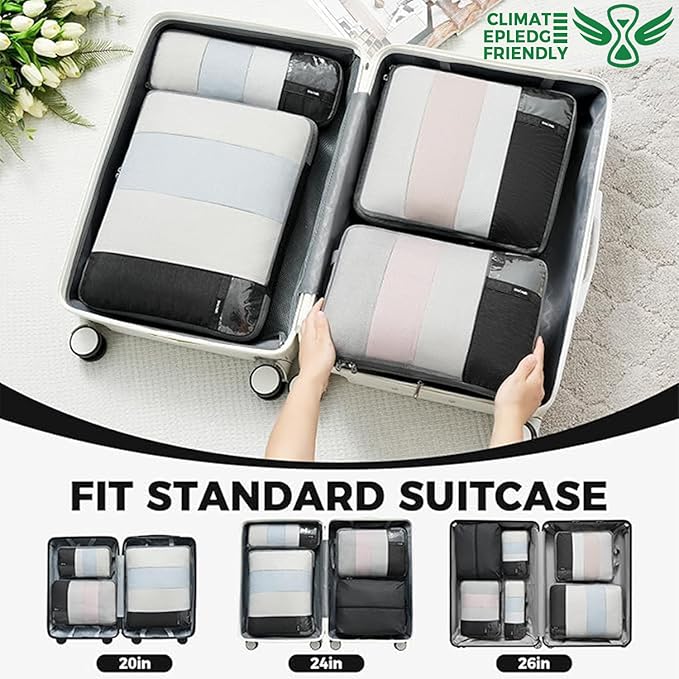 BAGAIL 6 Set Lightweight Compression Packing Cubes with Packing List, Anti-Tearing Expandable Organizer Bags for Travel, Blac