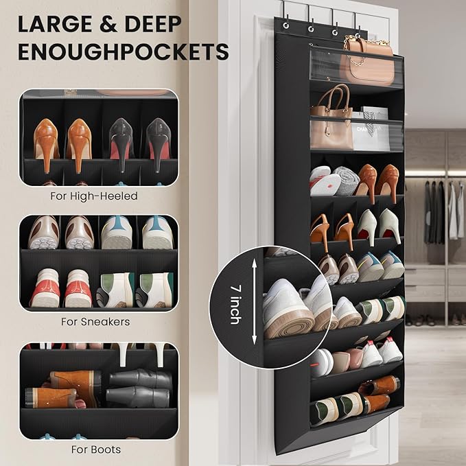 Mefirt 16-20 Pairs Over the Door Shoe Organizer, Clear Pockets Shoe Rack for Closet Door, Hanging Shoe Rack for Boots, Behind