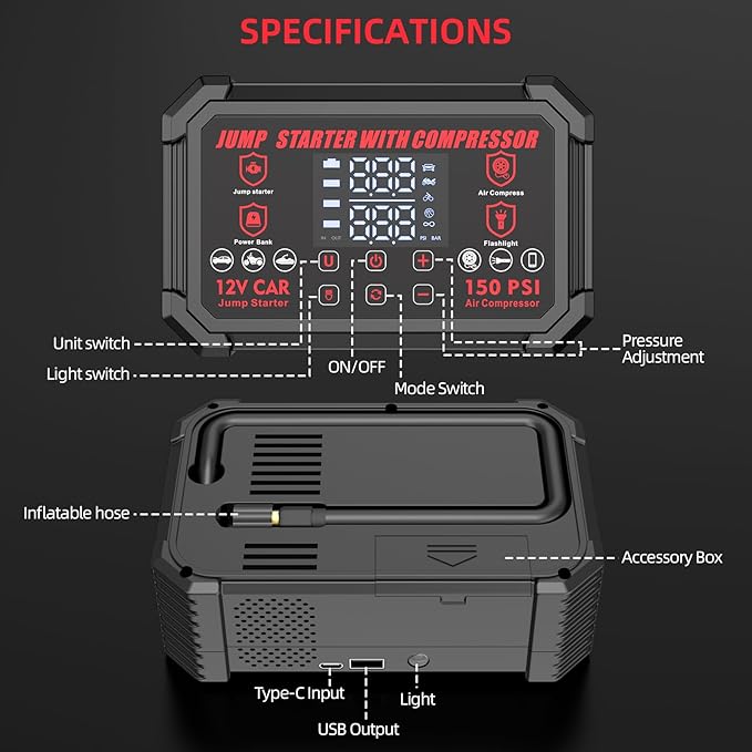 Jump Starter with Air Compressor, 4000A Peak Portable Car Battery Jumper Starter with 150PSI Auto-Shutoff Tire Inflator, 12V
