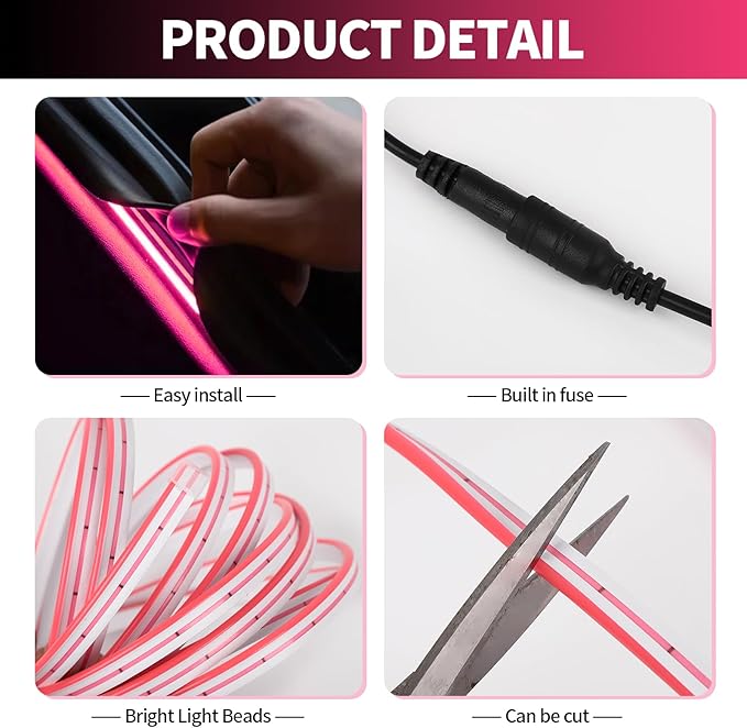 HOLDCY Car LED Strip Lights - Trunk Cargo Ambient Lighting, Pink 10000K, 177.16 inches Flexible Cuttable LED Light Strip, Easy Install, Waterproof, Universal Fit for Car Trunks, SUVs, and Vans