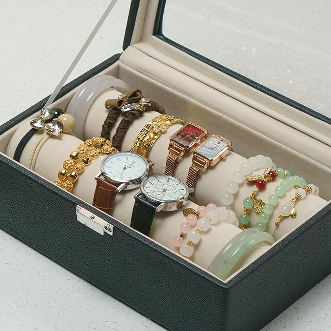 Bracelets Organizer Rods Bangles Display Holder, Clear See through Lid Leather Velvet Jewelry Storage Box Case for Women, 2 R