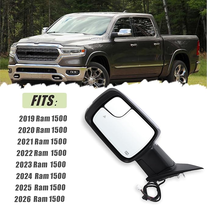 Left Driver Side Mirror Fits 2019 2020 2021 2022 2023 2024 2025 2026 Ram 1500 With Power Folding Heated Turn Signal Puddle Light Blind Spot Temperature Sensor Chrome Replace#68462771AB(9+6Pins)