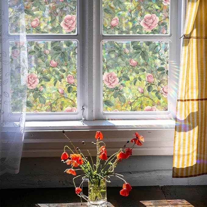 JOONOR Retro Pink Rose Flowers Window Privacy Film,3D Stained Glass Rose Rainbow Window Decals,Non-Adhesive Static Cling Sticker for Home Office,16.93 x 39.37 Inch