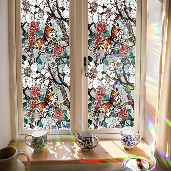Retro Flower Window Privacy Film,Stained Glass Decals Floral Butterfly Privacy Rainbow Decals Living Room Sun Blocking Decor Removable Static Cling Stickers,16.93x39.37inch