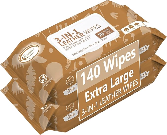 Air Jungles 3in1 Leather Wipes 140 Count, Extra Large 8" x 10" Size, Clean Condition Protect Wipes for Vinyl and Leather Appa
