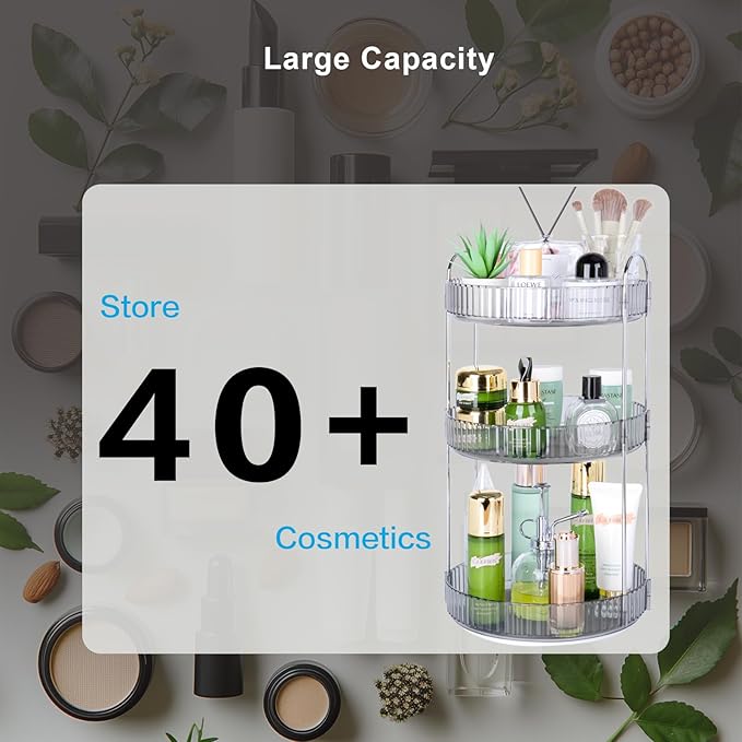 360 Rotating Makeup Organizer, 3 Tier Large Capacity Lazy Susan Bathroom Counter Organizer, Skincare Organizers, Spinning Per