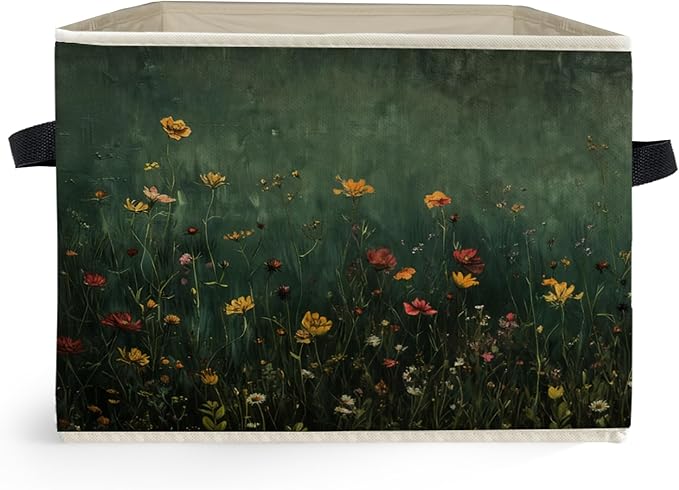 Dark Green Wildflower Storage Box Bins, Dark Cottagecore Floral Botanical Collapsible Storage Basket Organizer for Bedroom La