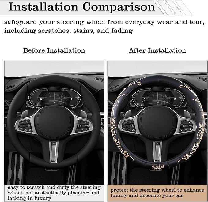 Car Leather Steering Wheel Cover - Panapi Material, Universal 14.5-15 Inch Leather Anti-Slip Breathable Auto Steering Wheel C