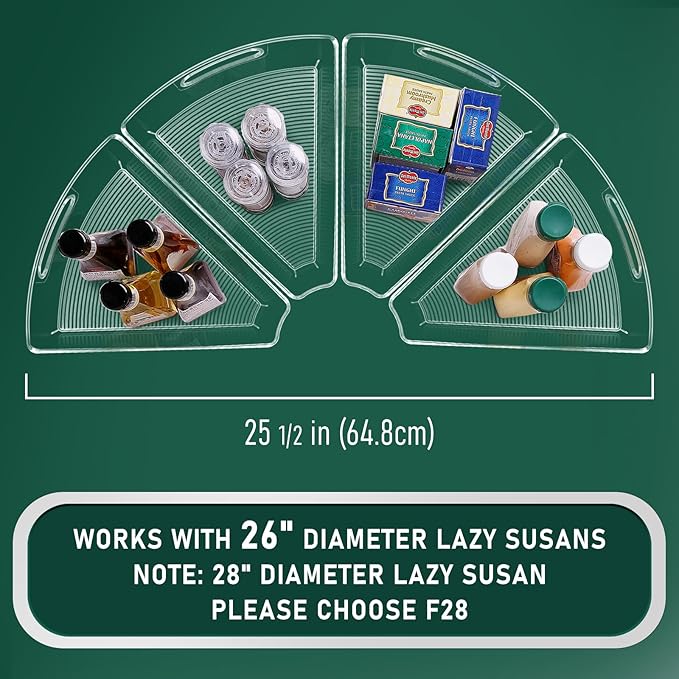 Lazy Susan Cabinet Organizer Bins for 26"/ 28"/ 32" Diameter Corner Organizer, Plastic Cabinet Storage Bin, 1/8 Wedge - Food 