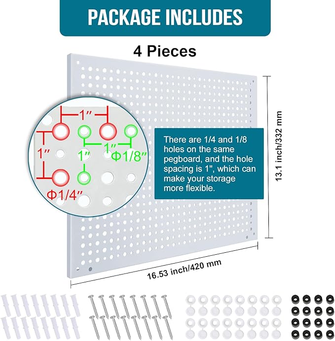 Peg Board, Heavy Duty Steel Organization Panels, Universal 1/8 and 1/4 Peg Board Accessories, Ideal for Garage Tool Storage, 