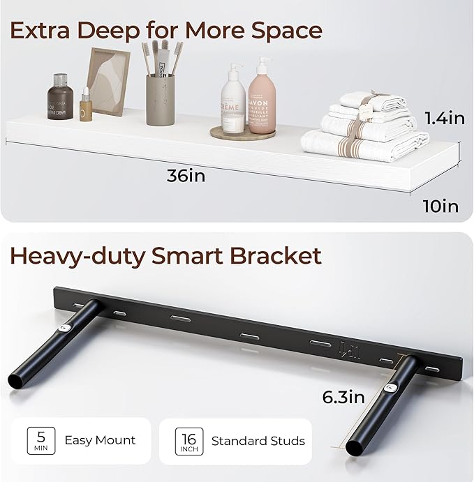 Fun Memories Floating Shelves for Wall 36 Inch Set of 3, Farmhouse Floating Shelves with Invisible Heavy Duty Bracket, 10 Inc