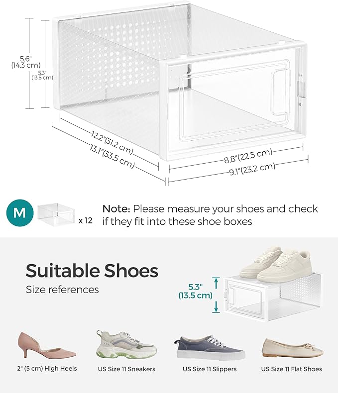 SONGMICS Shoe Boxes, Pack of 12 Shoe Storage Organizers, Stackable Clear Plastic Boxes for Closet, Sneakers, 13.1 x 9.1 x 5.6
