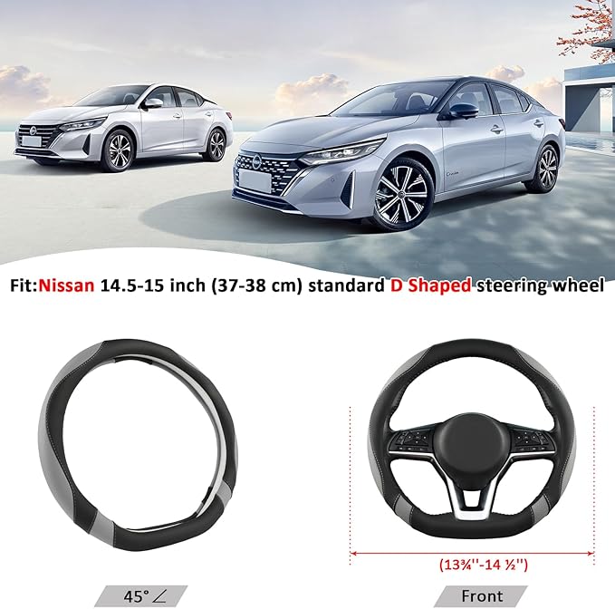 West Llama Flat Bottom Car Steering Wheel Cover for Nissan,D Shaped Steering Wheel Cover for Rogue,Altima,Kicks (Black+Gray-S