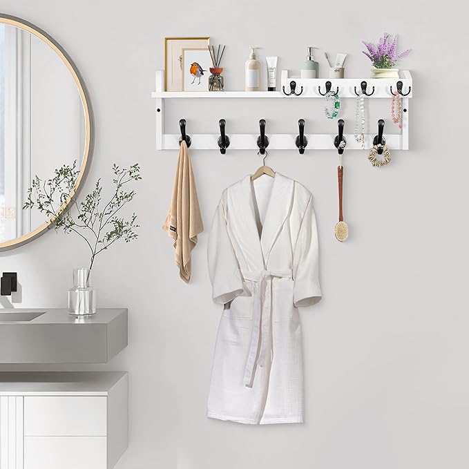 Coat Rack Wall Mount with Shelf, 27.5" Entryway Wall Hanging Shelf, Coat and Key Hanger with 10 Dual Hooks, Mail Organizer an