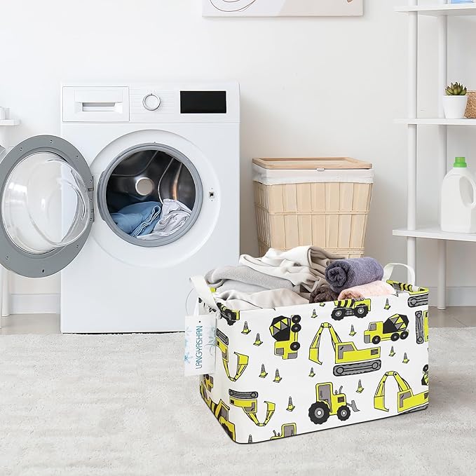 LANGYASHAN Rectangular Storage Bin Collapse Canvas Fabric Cartoon Storage Basket with Handles for Organizing Home Kitchen Boy