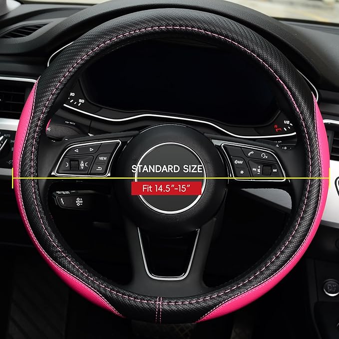 LABBYWAY Microfiber Leather Auto Car Steering Wheel Cover, Universal Fit 15 Inch Anti-Slip Wheel Protector, Pink