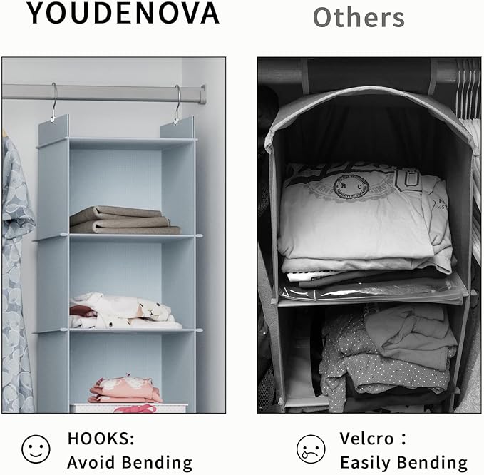 YOUDENOVA Hanging Closet Organizer, 4-Shelf Closet Hanging Shelves, Grey